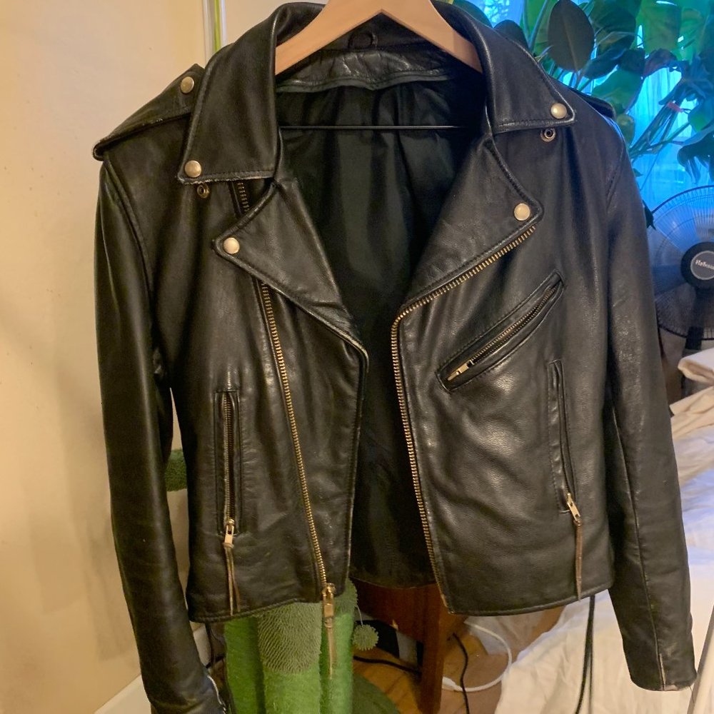 Vintage 100% Leather Motorcycle Jacket - Gold Hardware